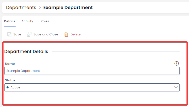 A screenshot that depicts how to edit Department items in Rapid Standard. The screenshot is annotated with a red box, which indicates the fields that can be edited.